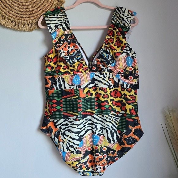 Averie New Harlow Tropical Animal Print Deep Plunge One Piece Swimsuit SZ XXXL
